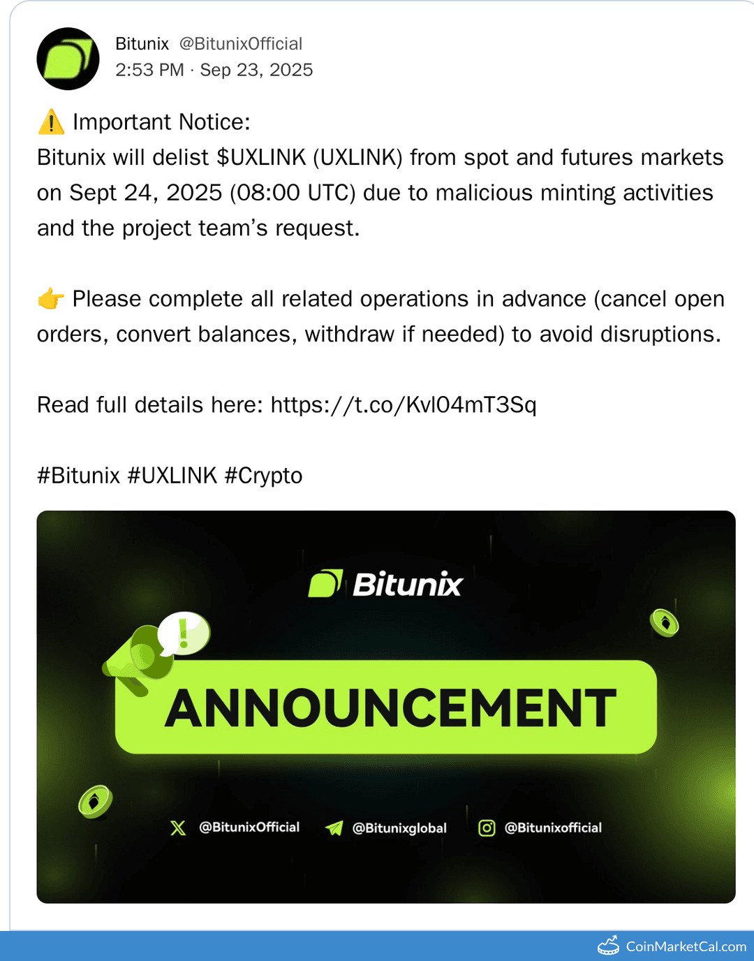 Bitunix Delisting UXLINK