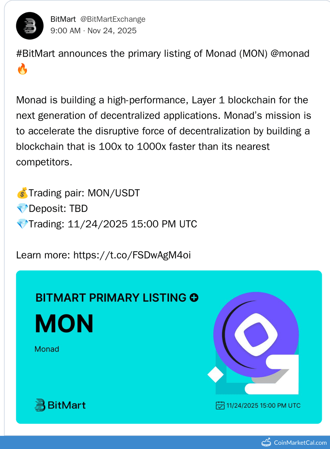 BitMart Listing: Monad (MON) Debuts MON/USDT Pair