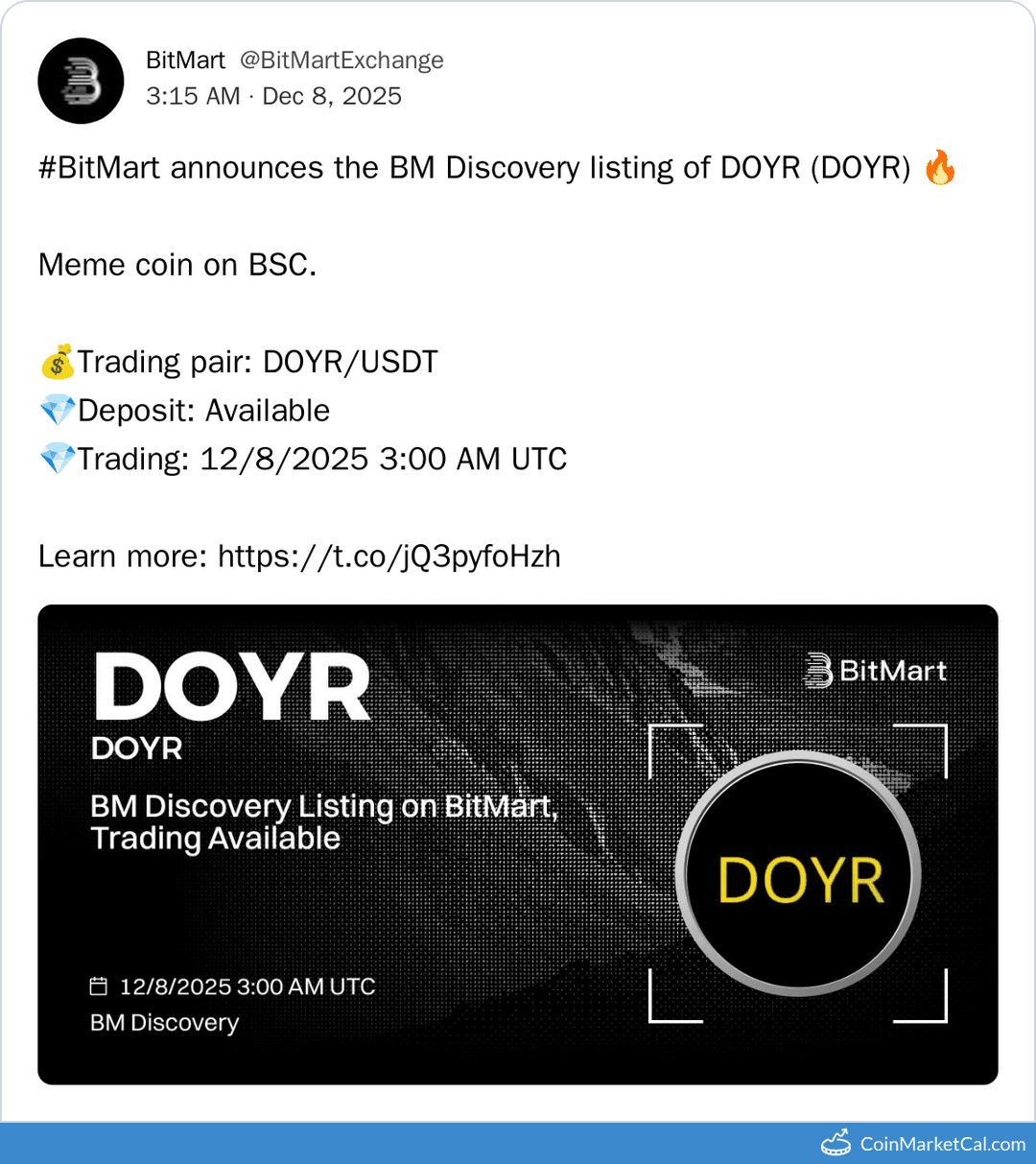 BitMart Listing of DOYR Token