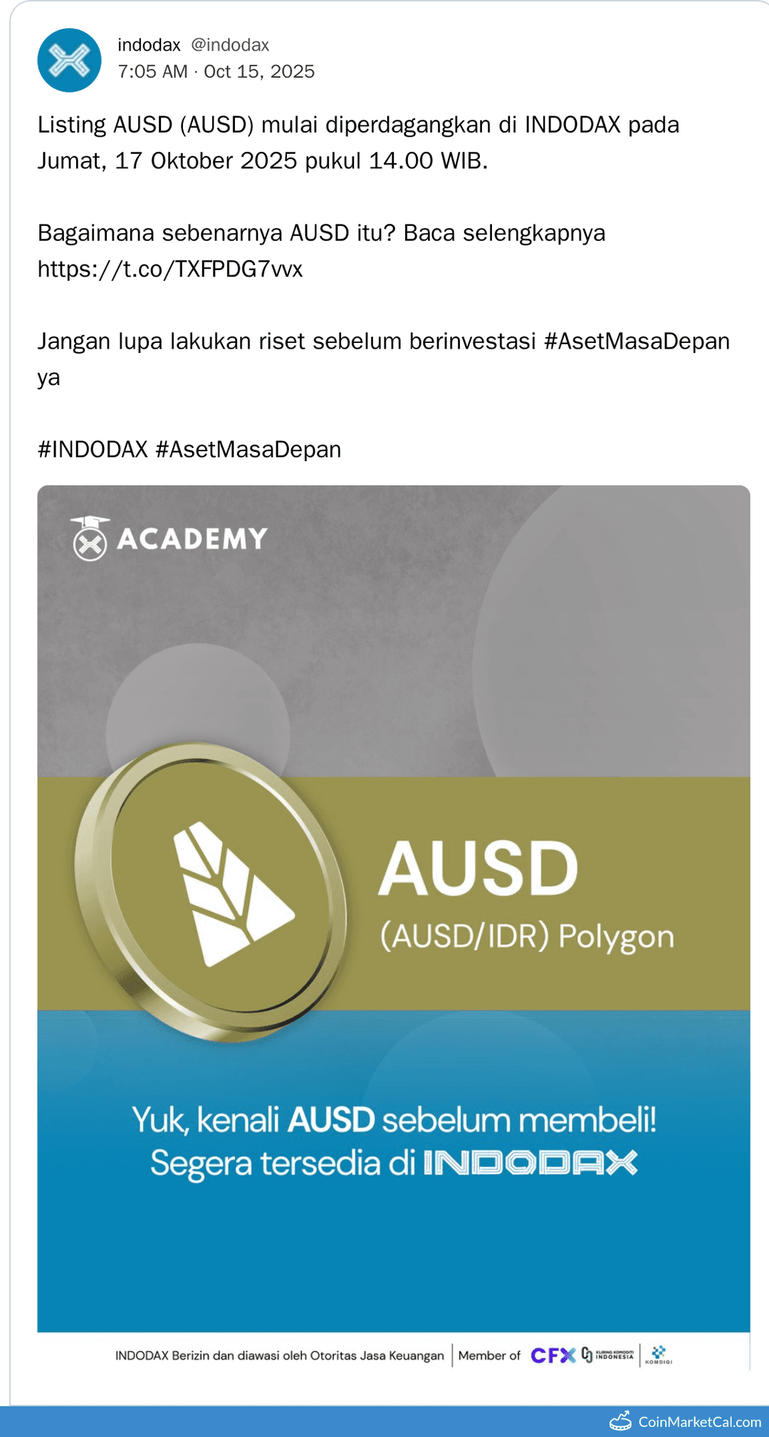 INDODAX Listing of AUSD on October 17, 2025