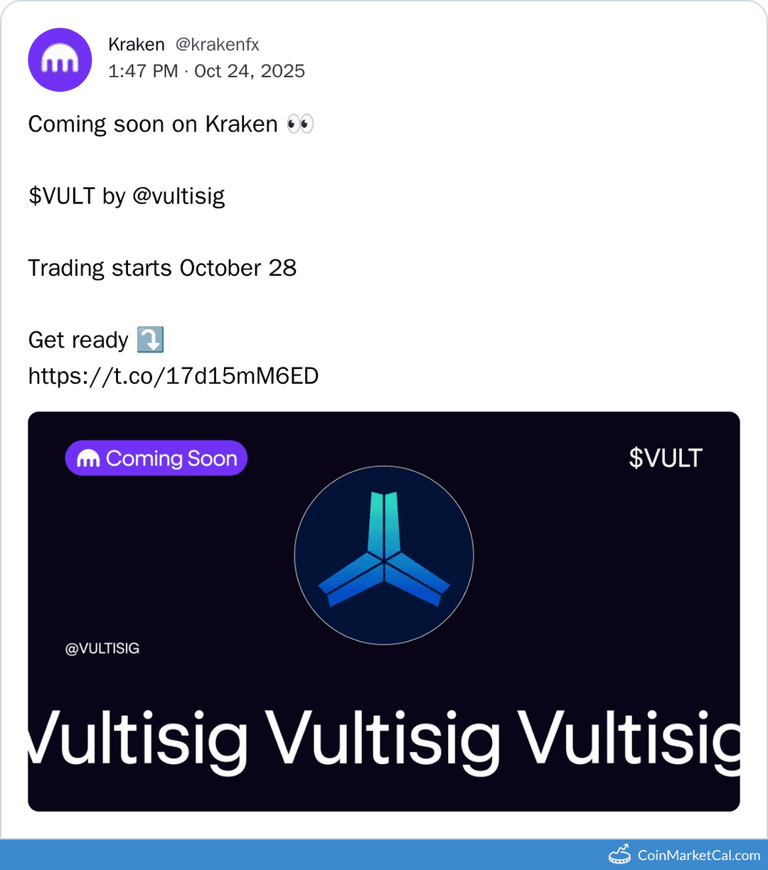 Kraken Listing of Vultisig (VULT) on October 28, 2025