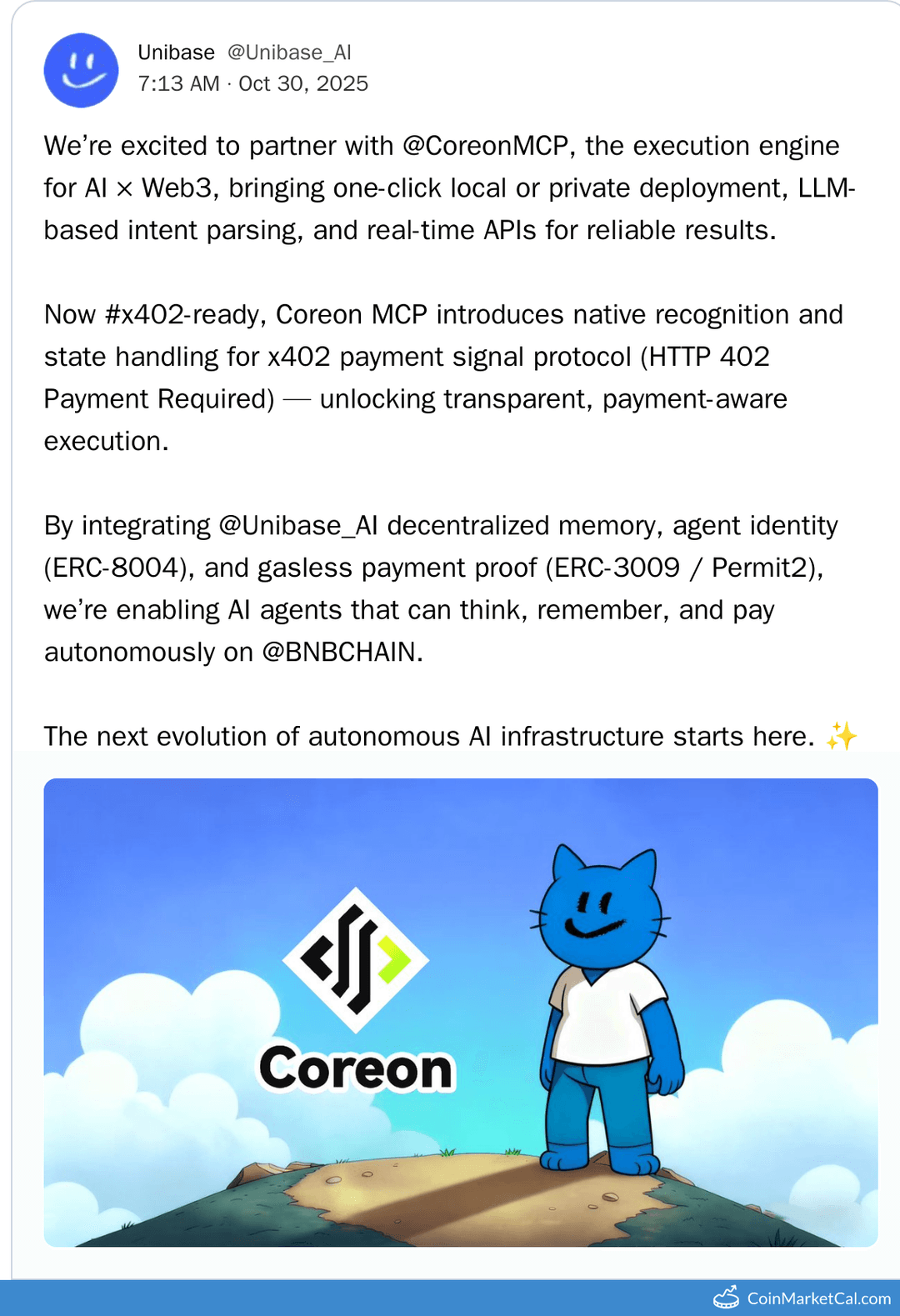 Unibase & Coreon MCP AI Partnership on BNB Chain