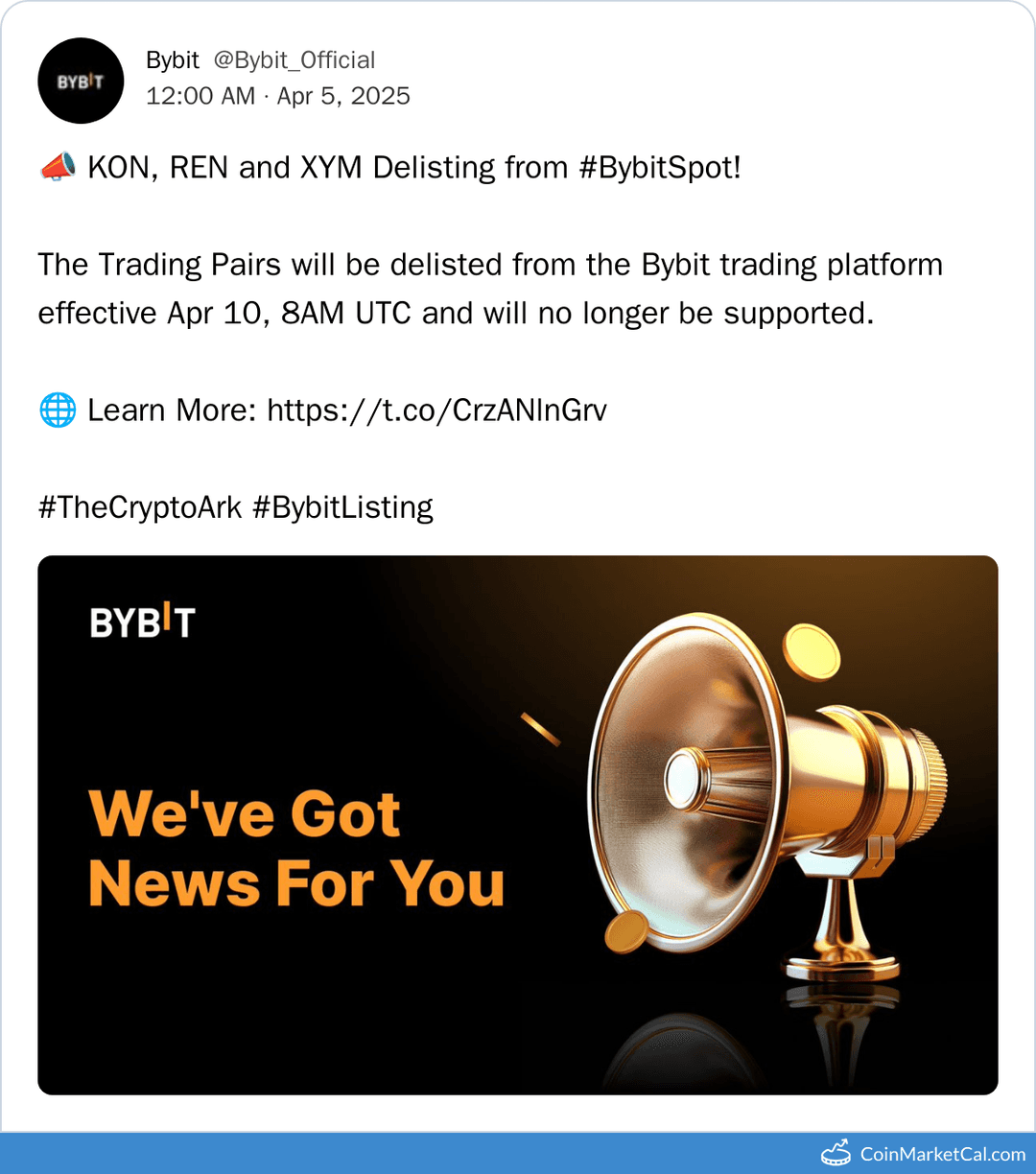 KON, REN and XYM Bybit Delisting