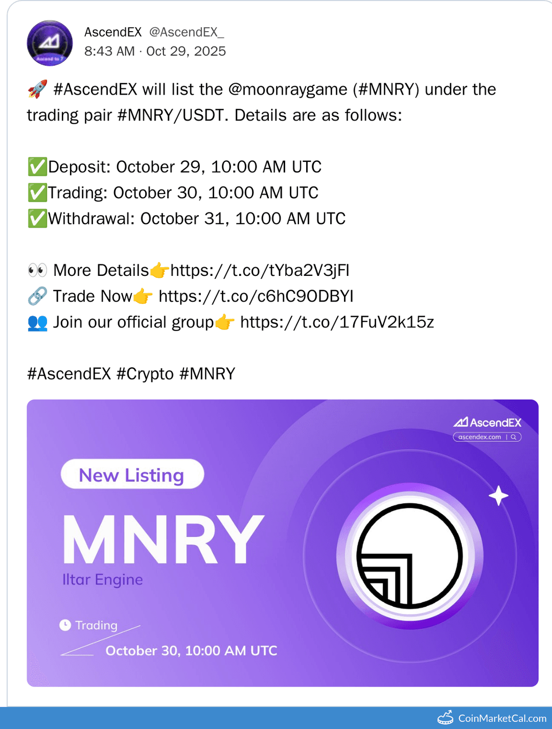 AscendEX Listing of Moonray (MNRY)