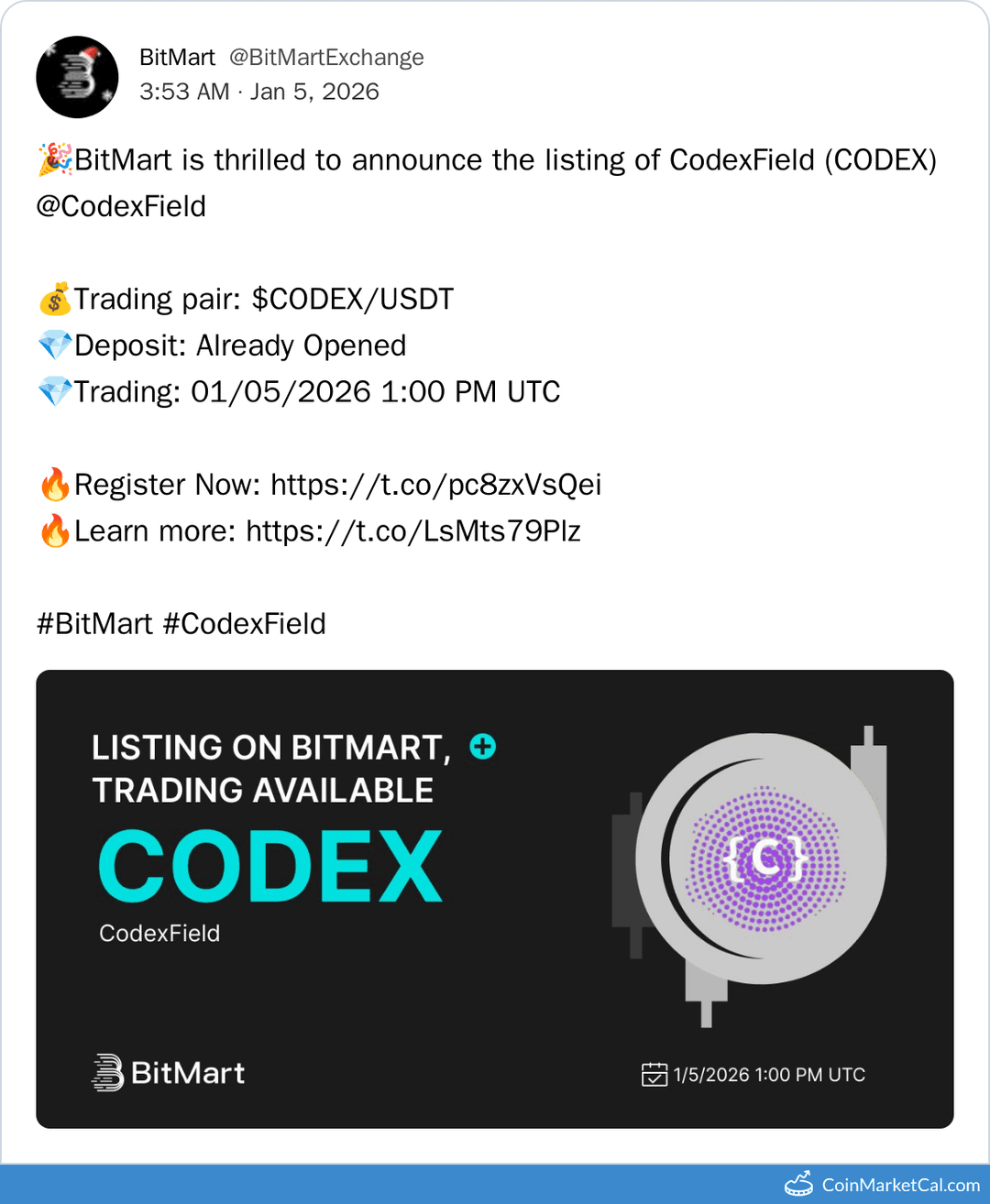 BitMart Listing of Codex Multichain (CODEX)