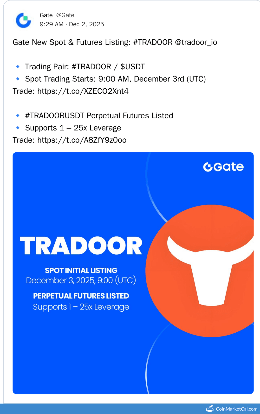 Gate.io Listing of Tradoor TRADOOR/USDT