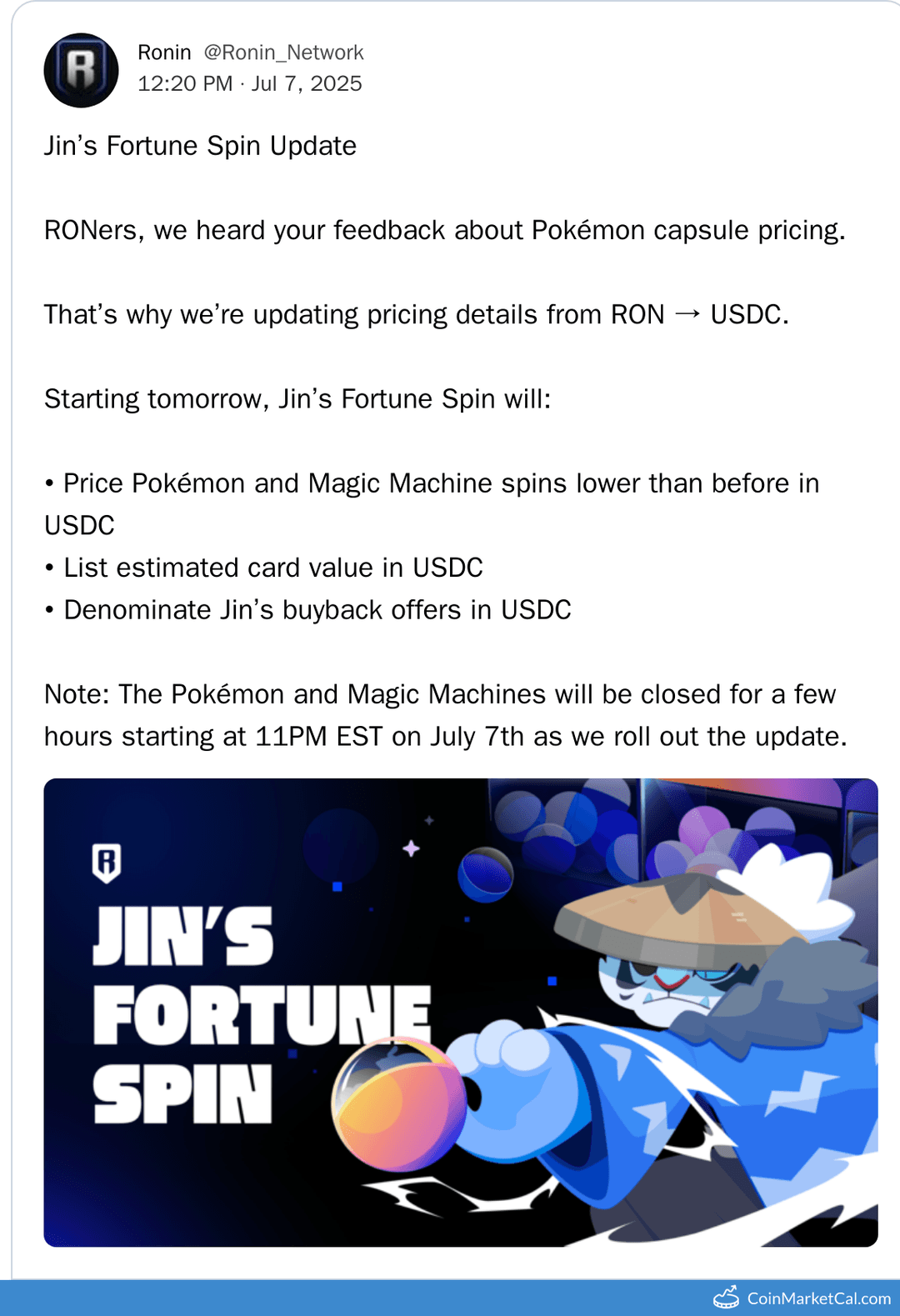 Jin’s Fortune Spin Pricing Update