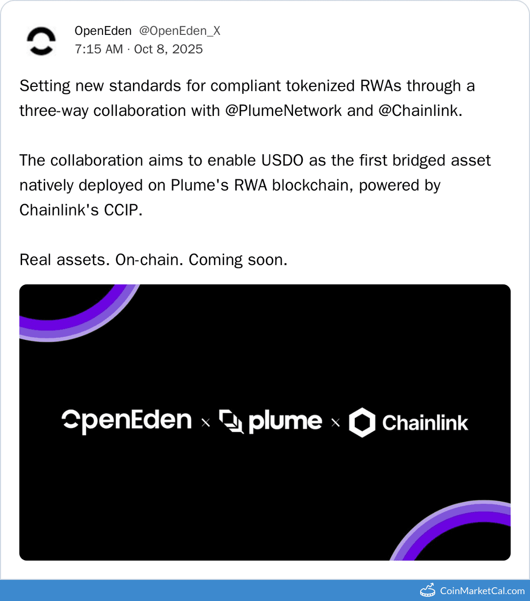 OpenEden, Plume & Chainlink Launch USDO Bridged RWA Asset