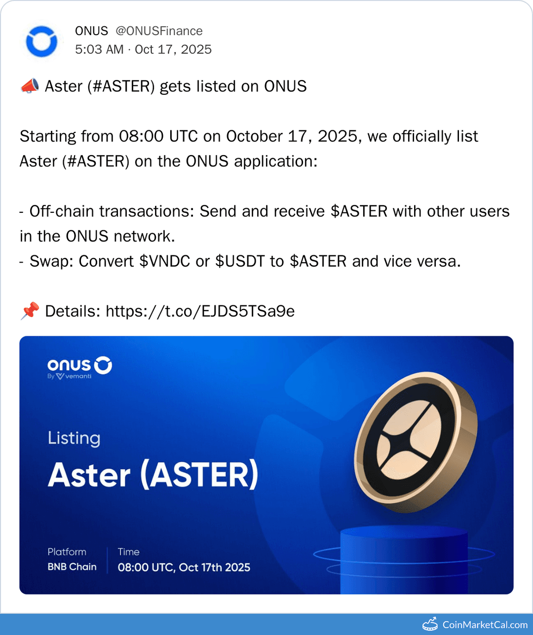 ONUS Listing Aster with ASTER/VNDC & ASTER/USDT Pairs