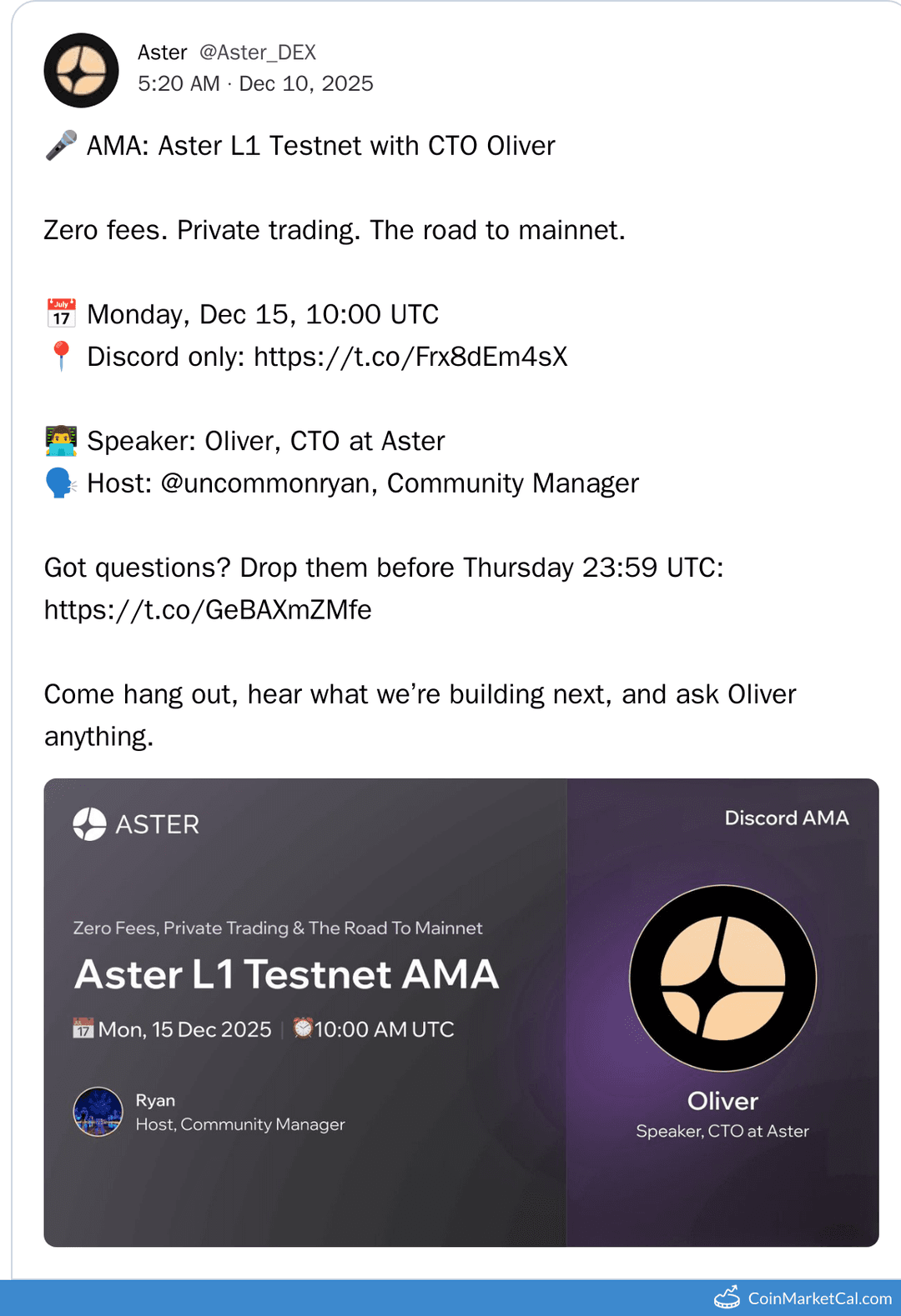 Aster L1 Testnet AMA with CTO Oliver