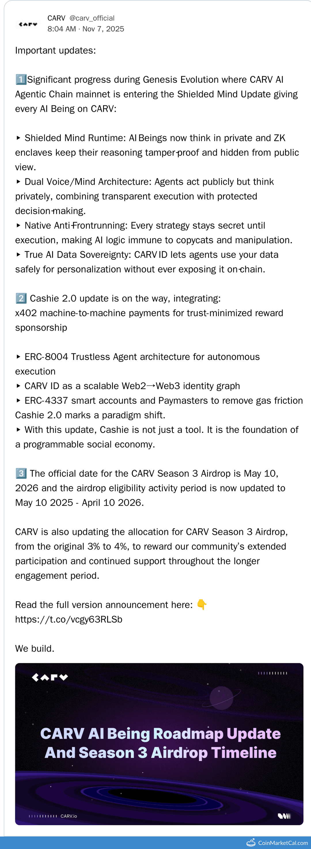 CARV Progress Update: Genesis Evolution, Cashie 2.0, Season 3 Airdrop