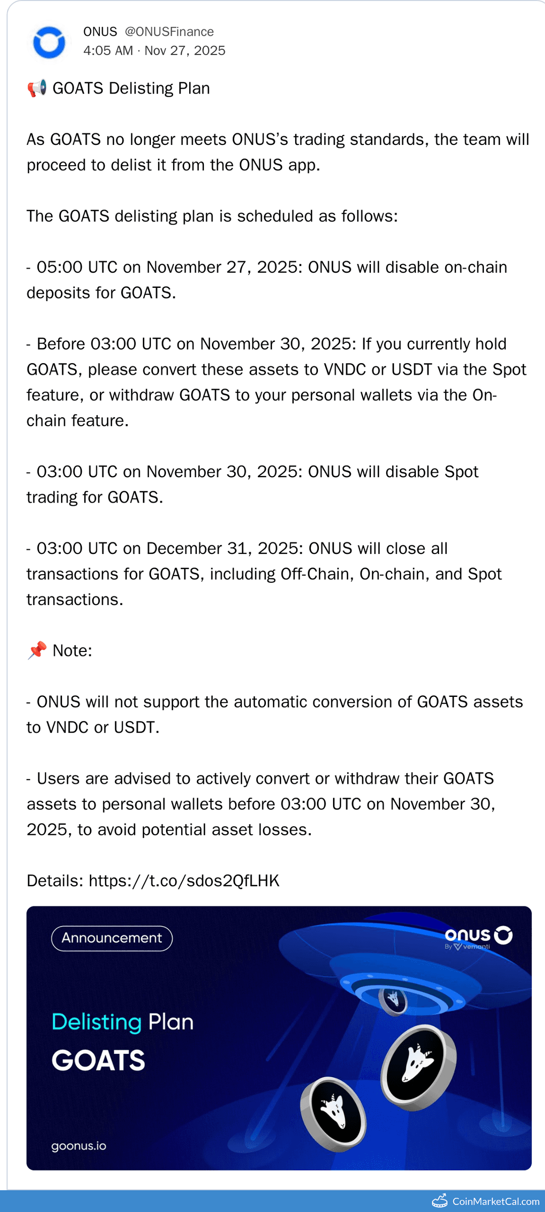 ONUS Delisting GOATS Token