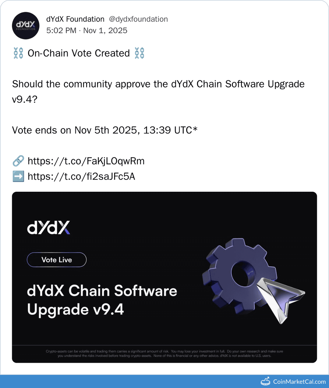 dYdX Prop #303 Vote on Chain Upgrade v9.4