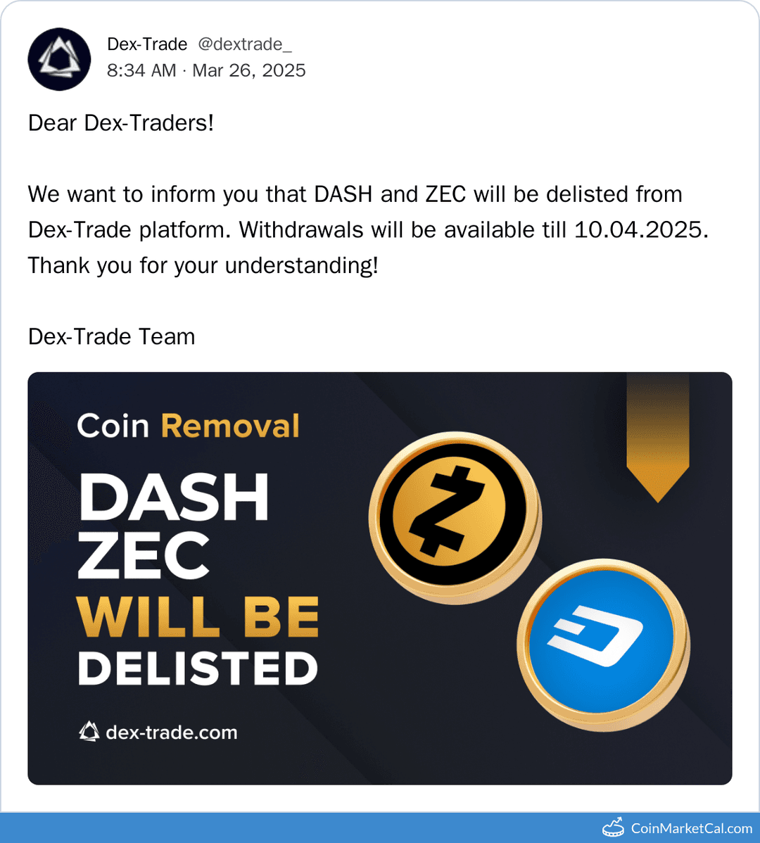 DASH Delisting from Dex-Trade