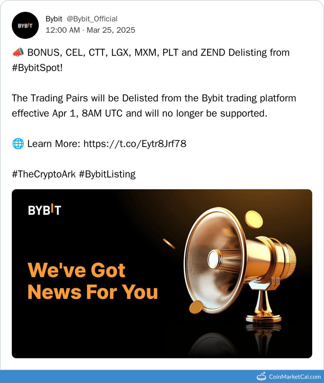 Bybit Delisting of BONUS, CEL, CTT and others
