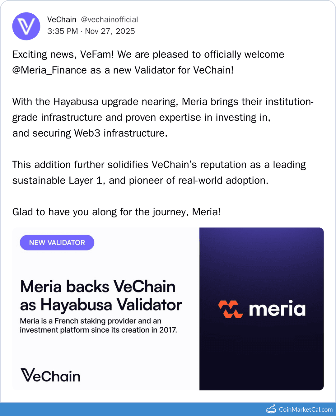 Meria Finance Validator Partnership with VeBetterDAO