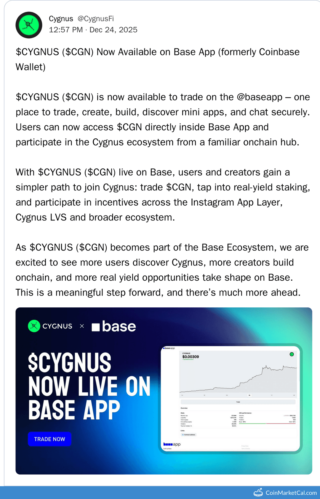 Base App Enables $CYGNUS ($CGN) Trading