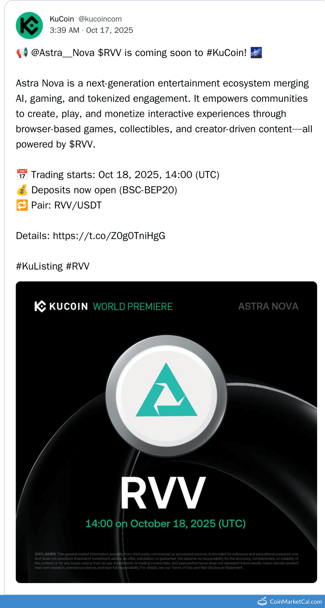 KuCoin Listing Astra Nova with RVV/USDT Pair