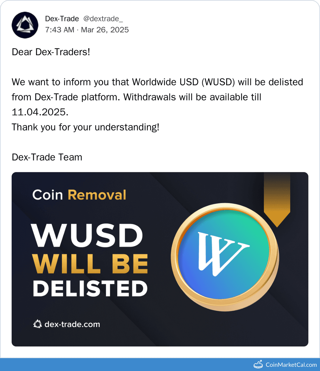 WUSD Dex-Trade Delisting