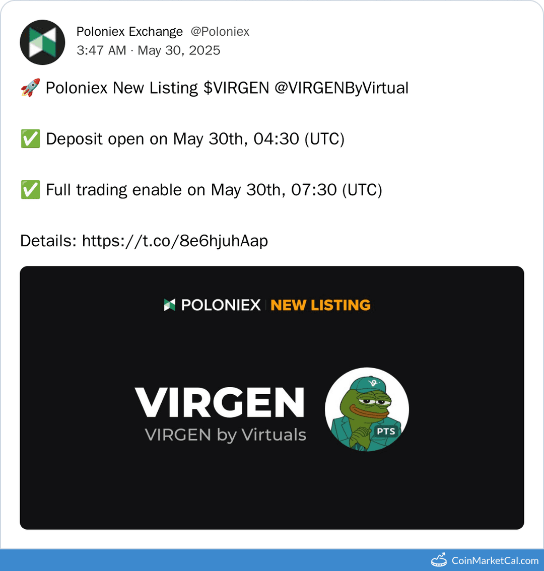 Poloniex Lists VIRGEN by Virtuals