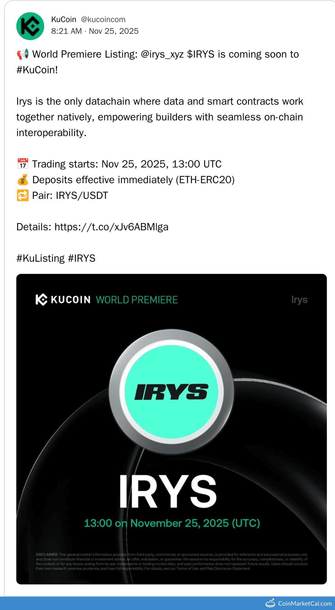 KuCoin Listing of Irys (IRYS) on 2025-11-25