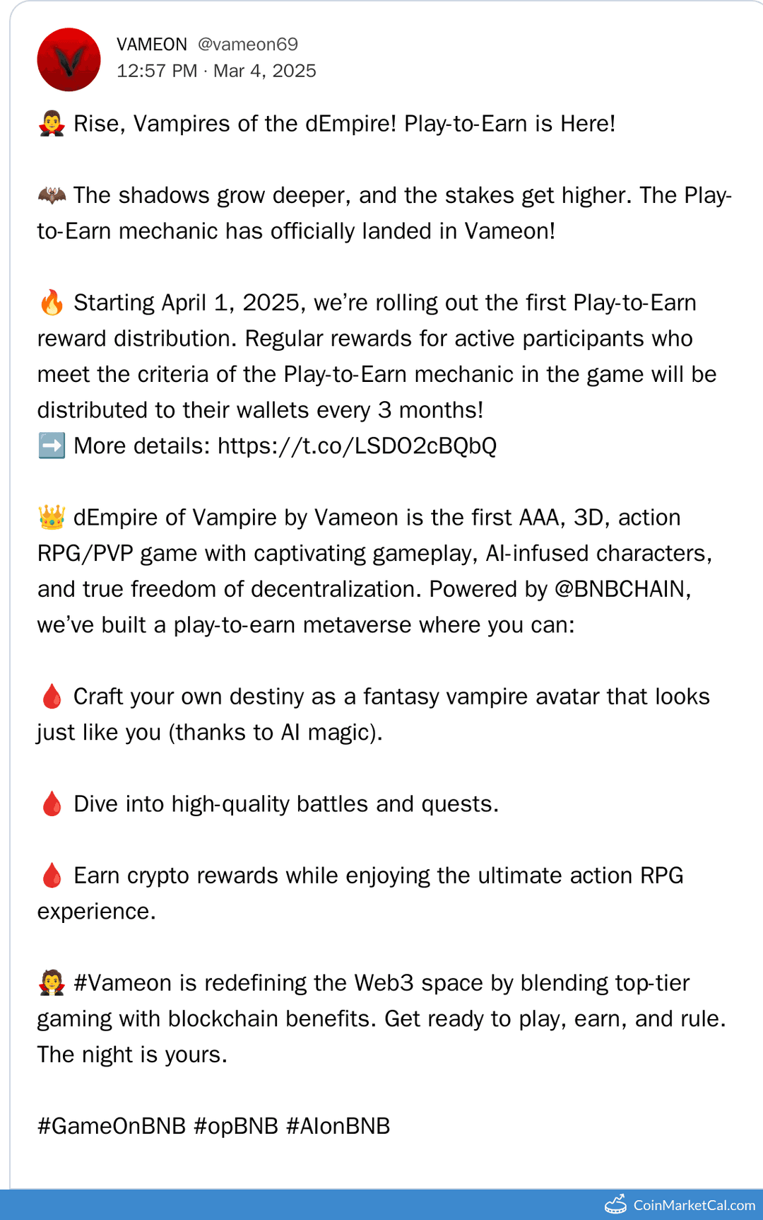 Vameon Reward Distribution Begins