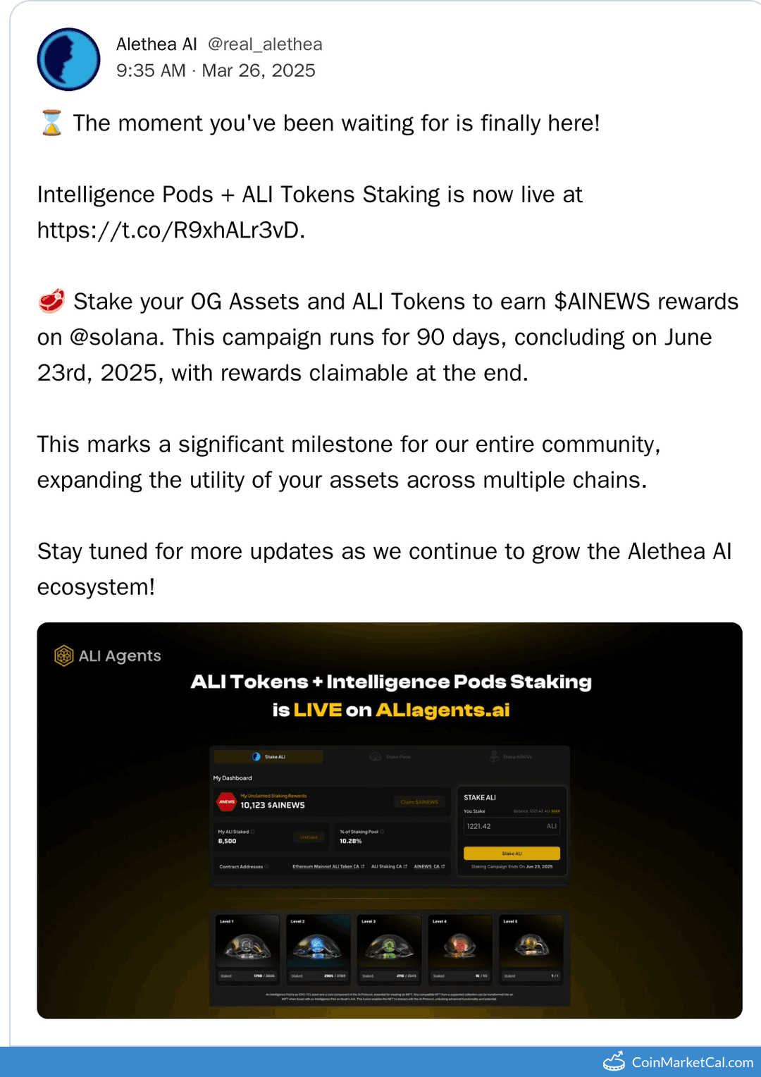 ALI Tokens + Intelligence Pods Staking Campaign Deadline