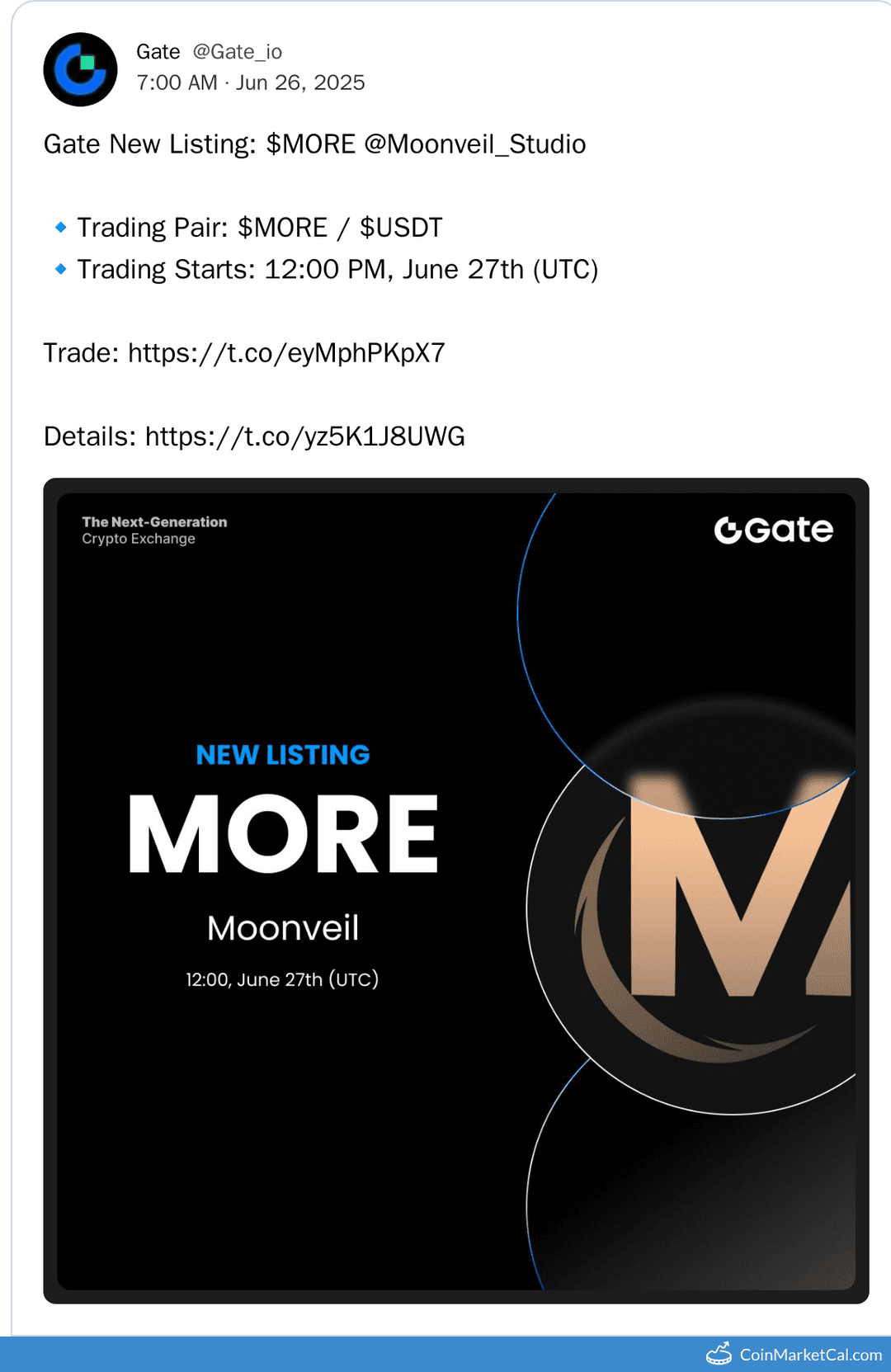 Moonveil ($MORE) Token Listing on Gate.io