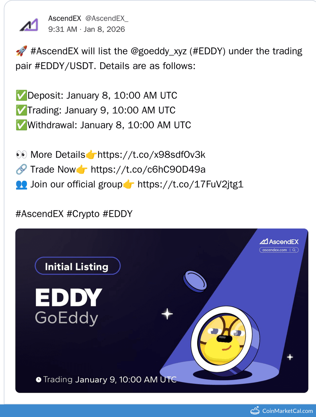 AscendEX Listing GoEddy EDDY/USDT Pair