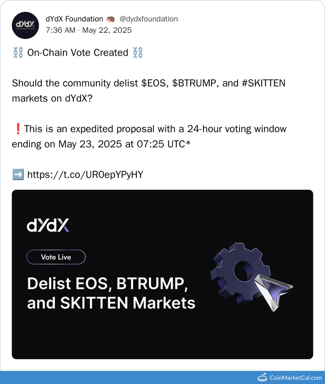 dYdX On-Chain Vote to Delist EOS, BTRUMP, and SKITTEN Markets