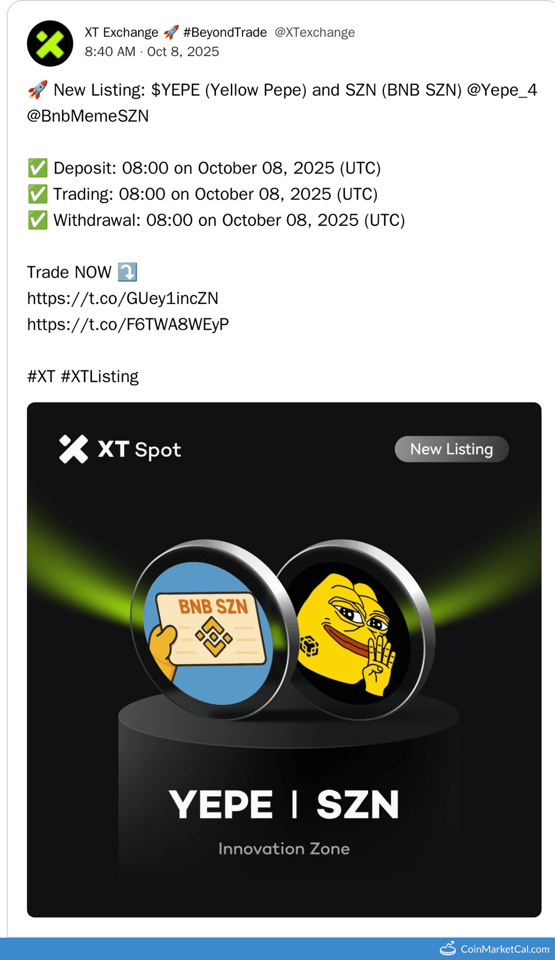 XT.COM Listing Yellow Pepe & BNB MEME SZN