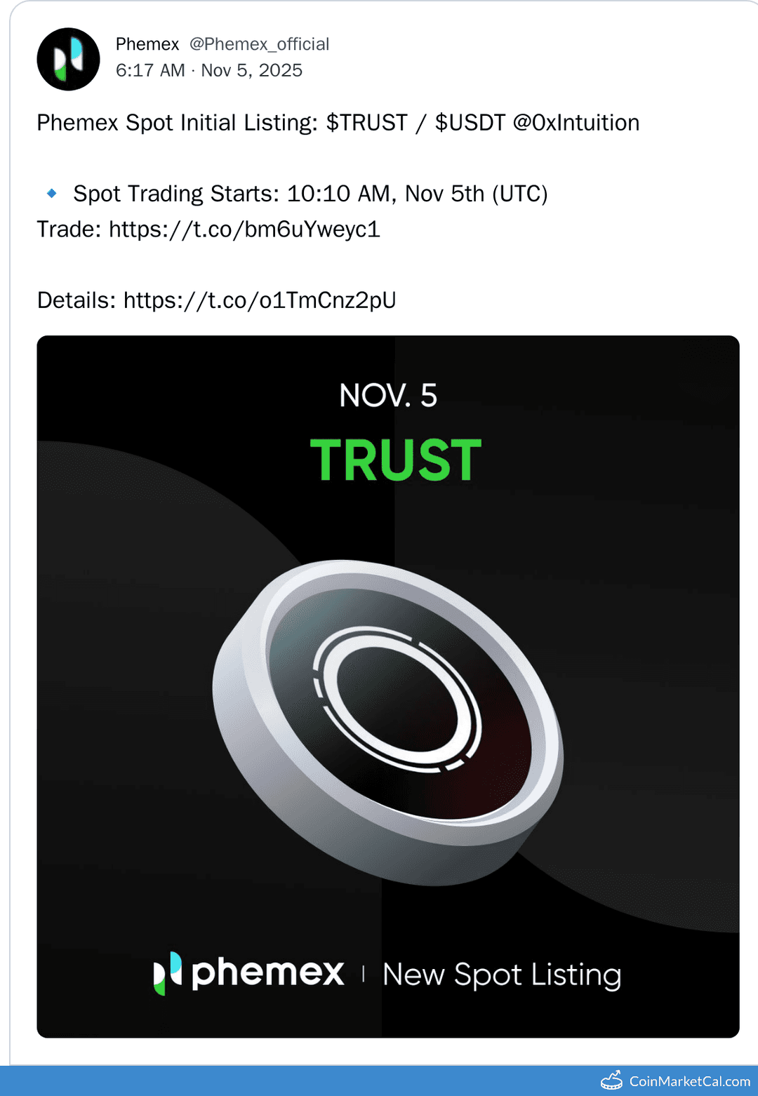 Phemex Intuition Listing on November 5, 2025