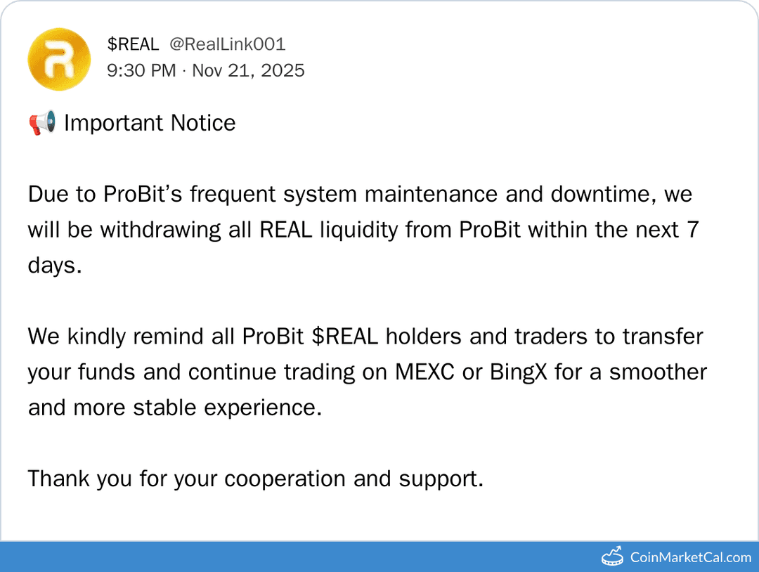ProBit Global Delisting of RealLink (REAL)