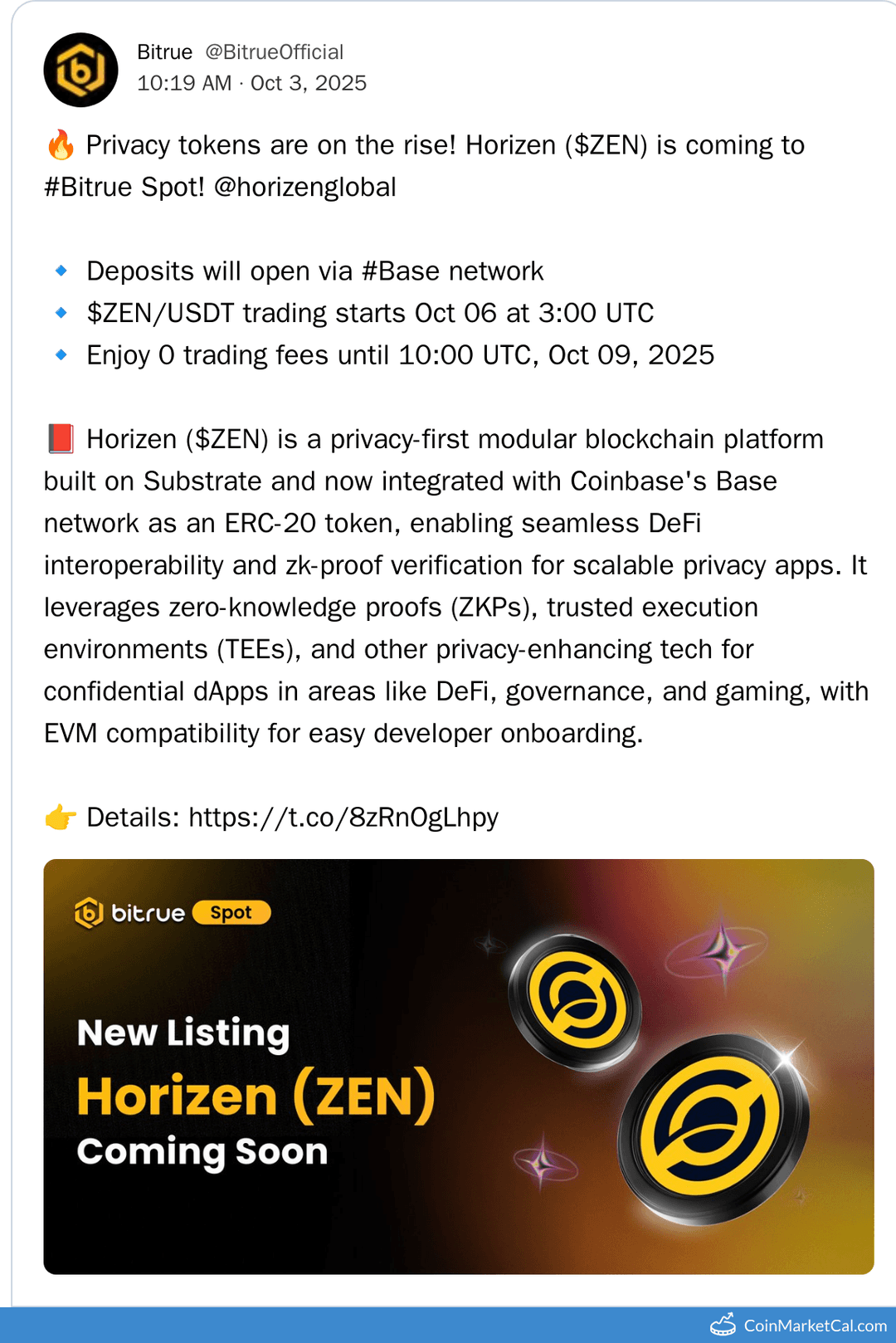 Horizen (ZEN) Bitrue Listing