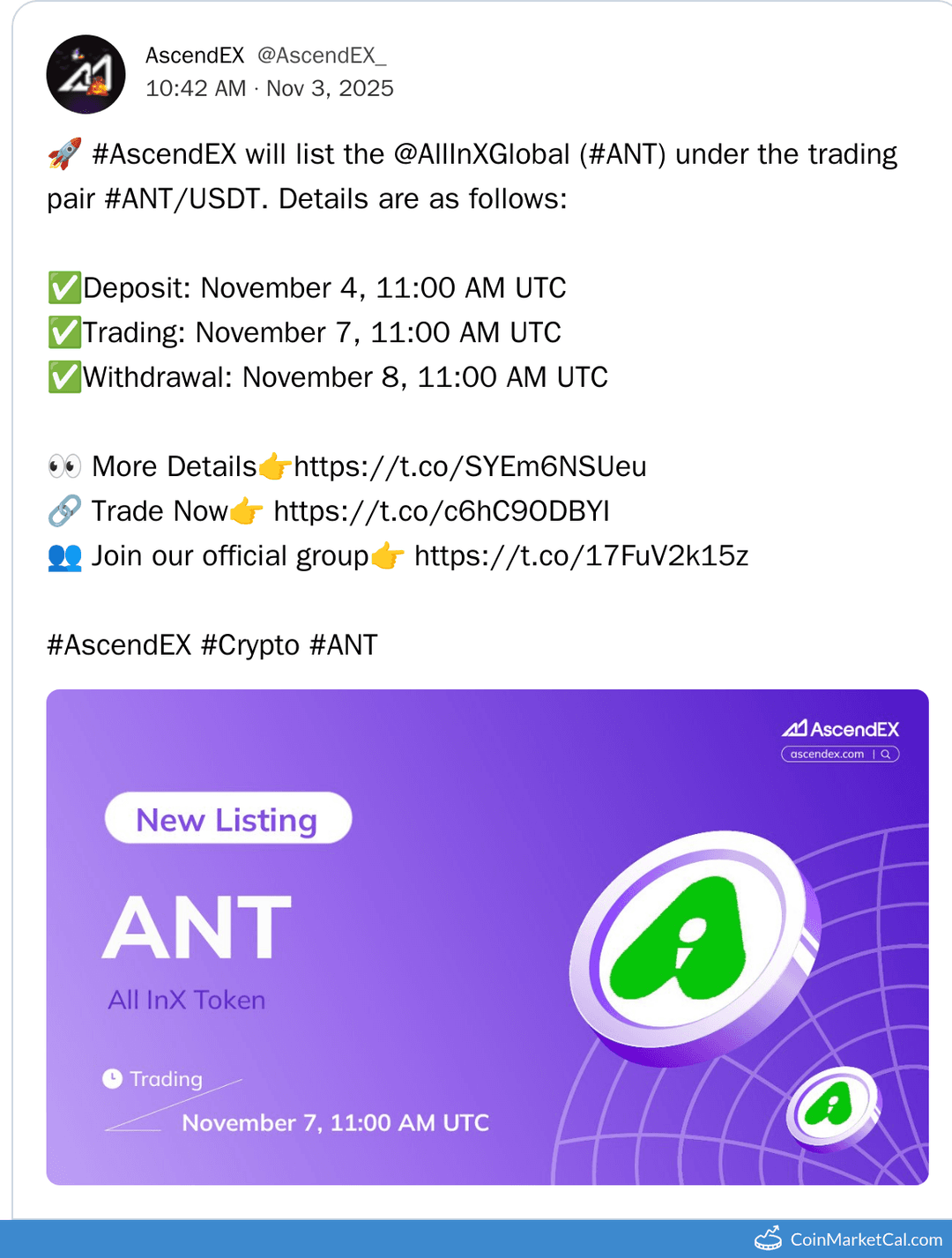 AscendEX Listing of All InX (ANT/USDT)