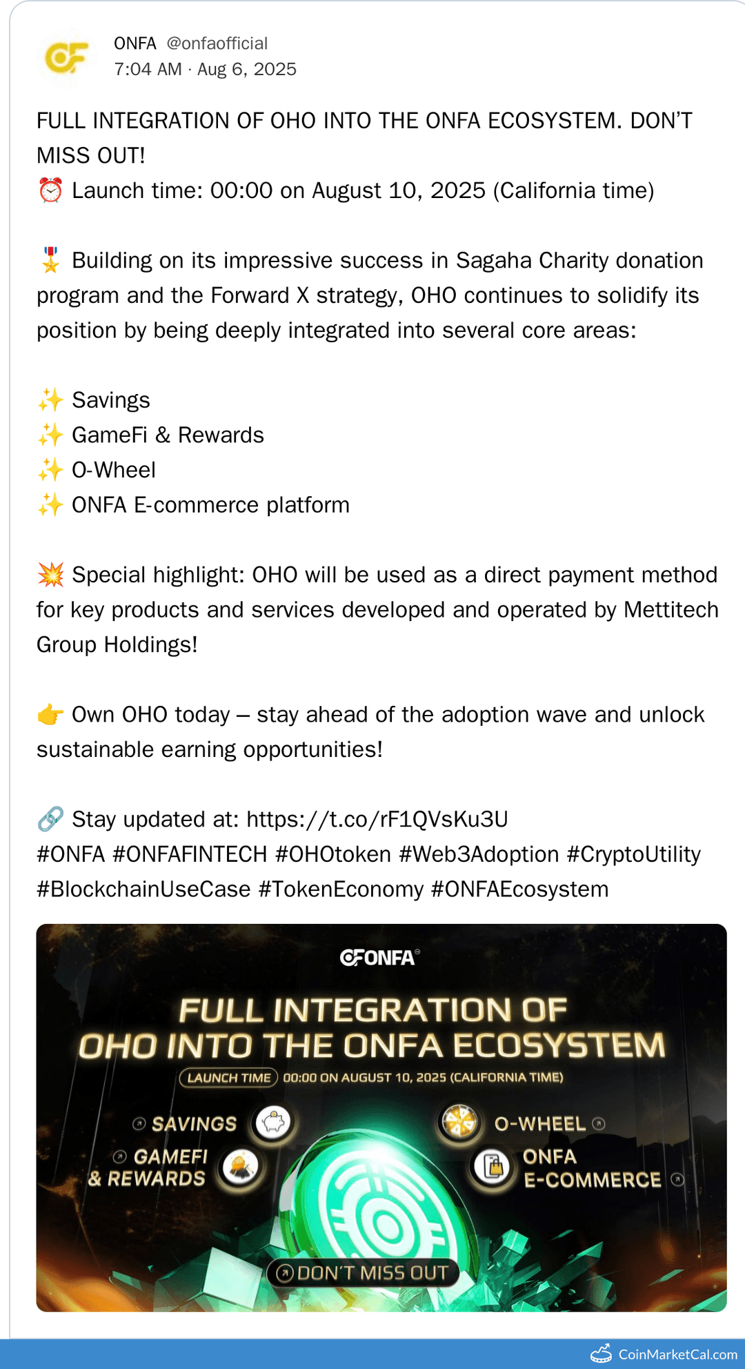 Full Integration of OHO into ONFA Ecosystem