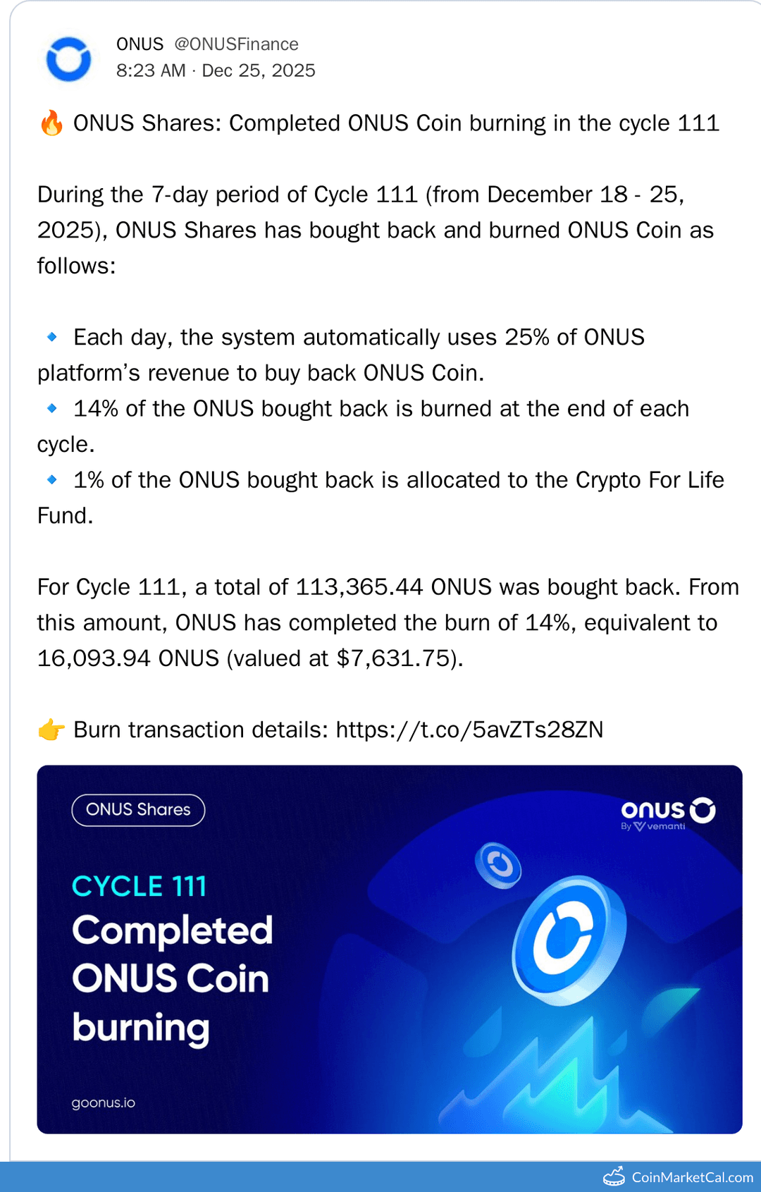 ONUS Finance Cycle 111 Coin Burn Ends