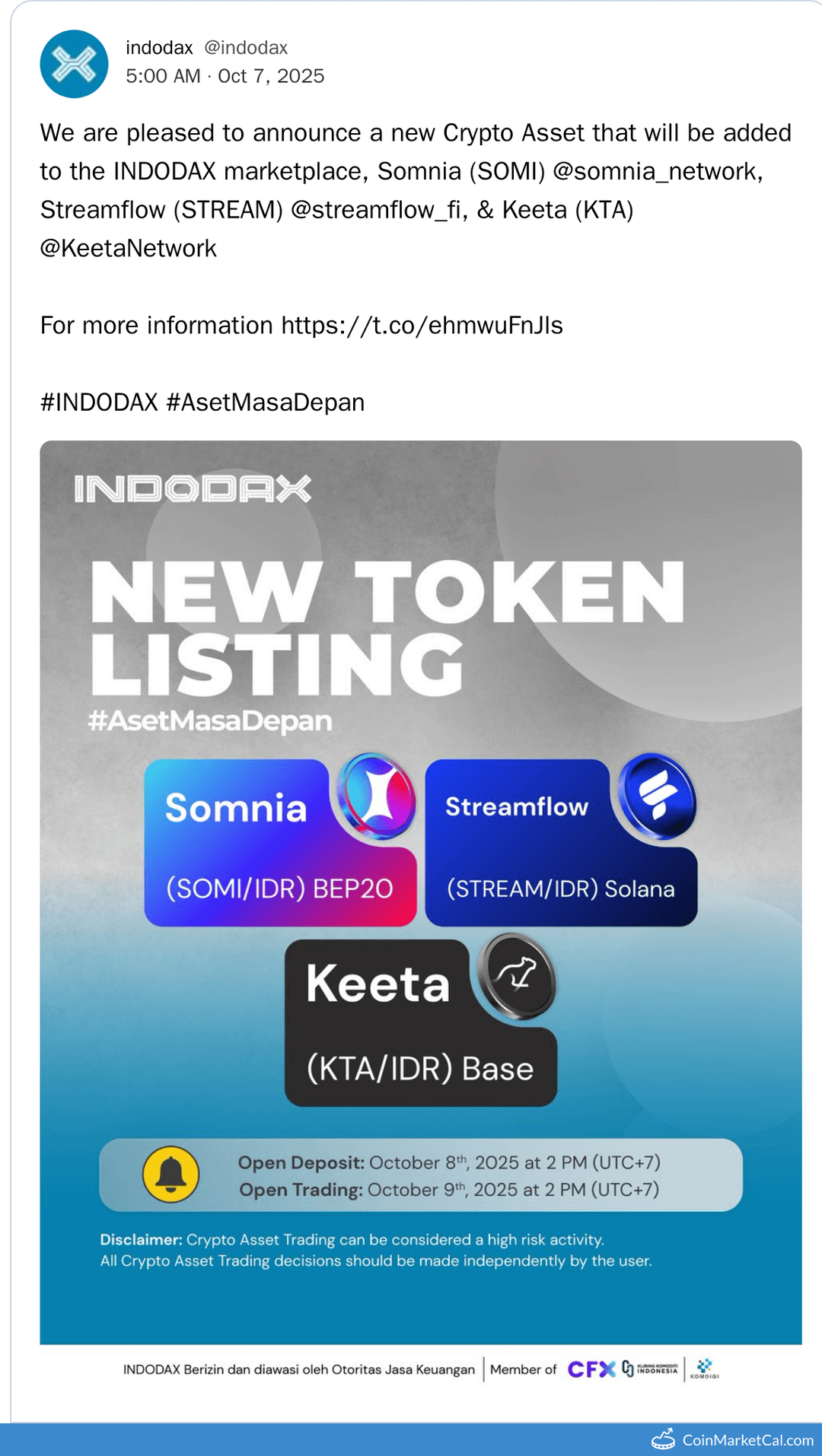 Indodax Listing: Somnia, Streamflow & Keeta with IDR Pairs