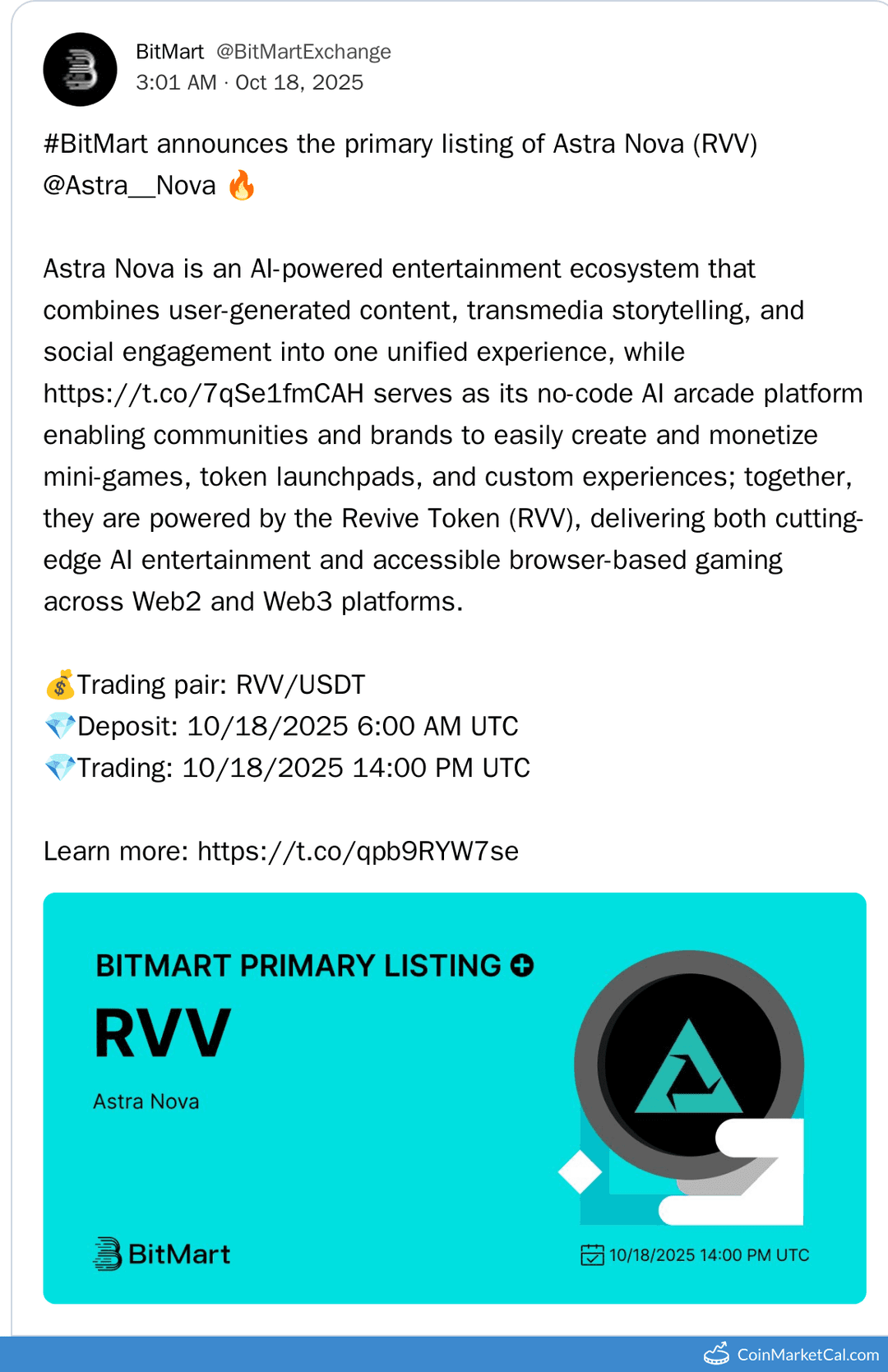 BitMart Listing Astra Nova (RVV/USDT)