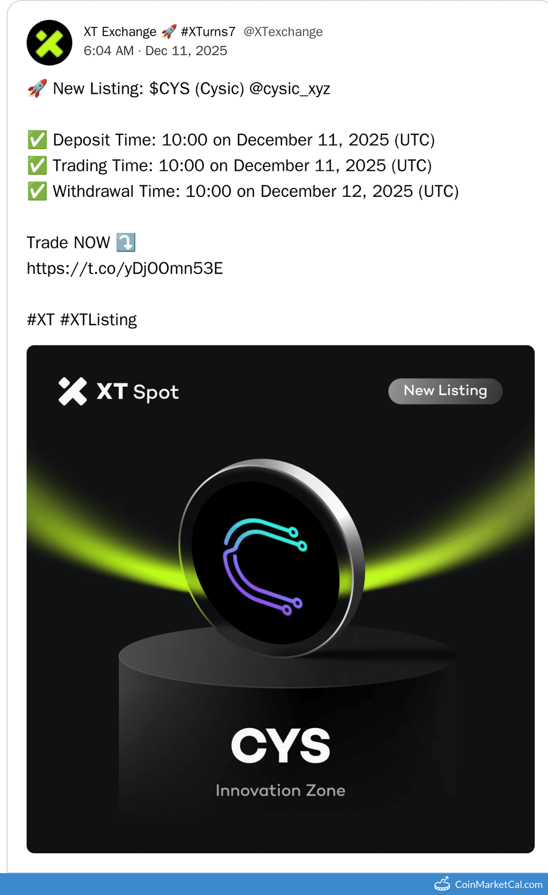 XT.COM Listing of Cysic CYS/USDT Pair on December 11, 2025