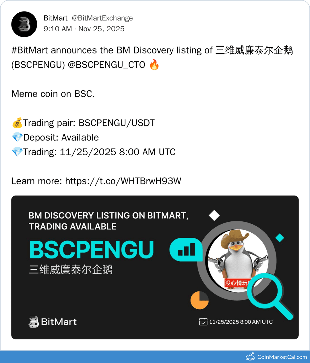 BitMart Listing of Vulgar Penguin (BSCPENGU)