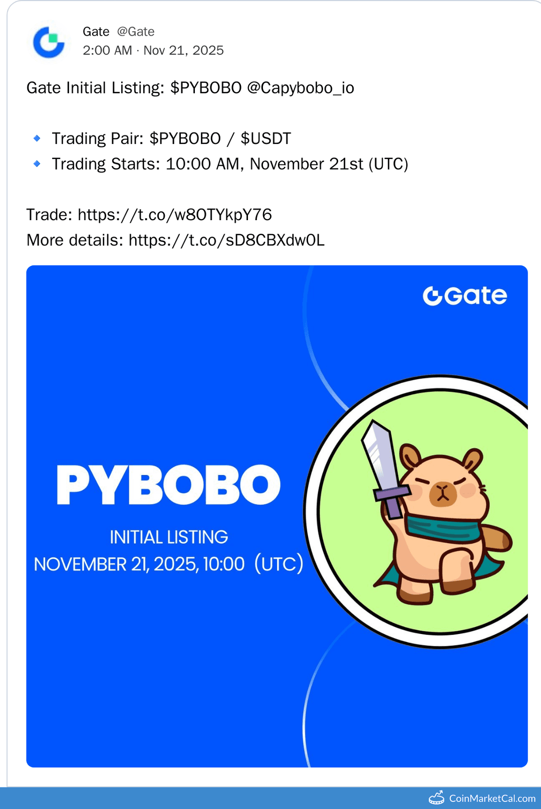 Gate.io Listing of Capybobo (PYBOBO) on 2025-11-21