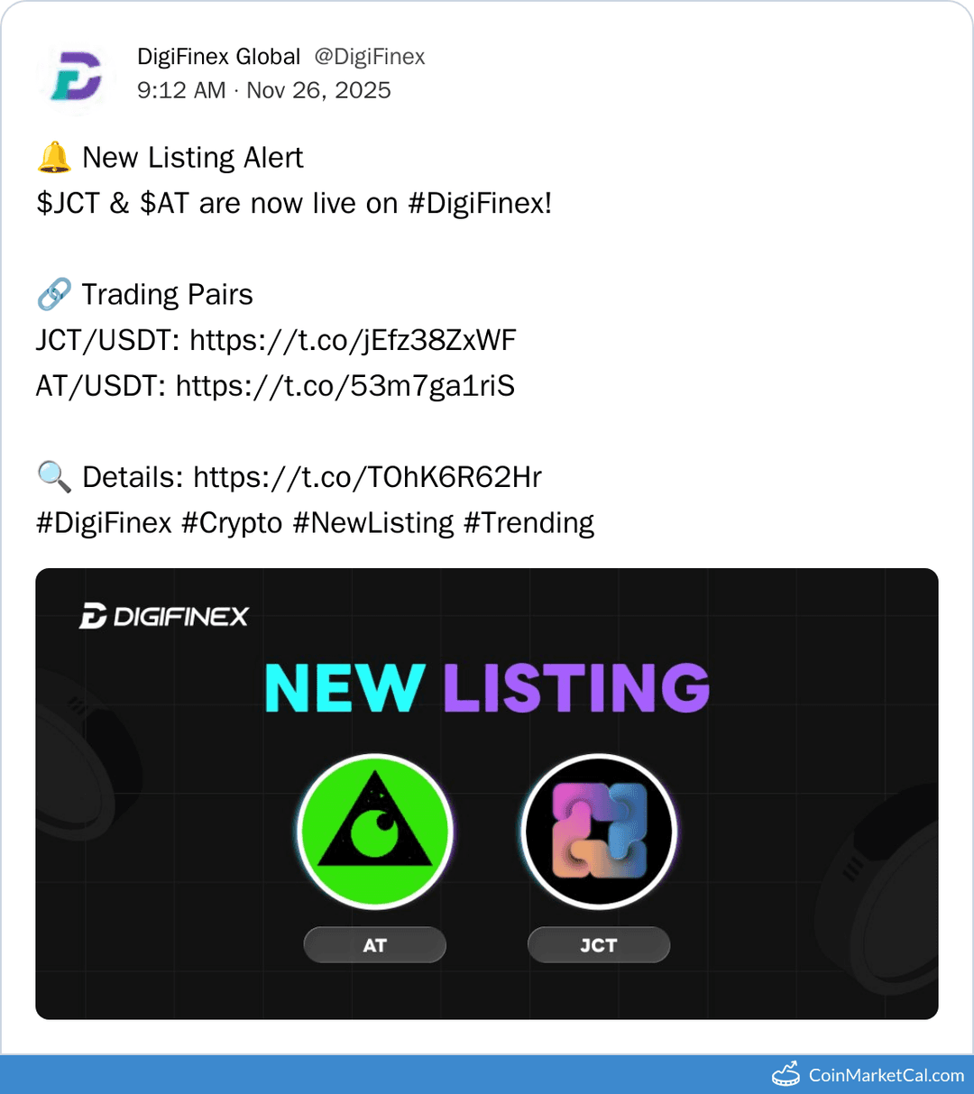 DigiFinex Listing of Apro (AT) and JCT Tokens