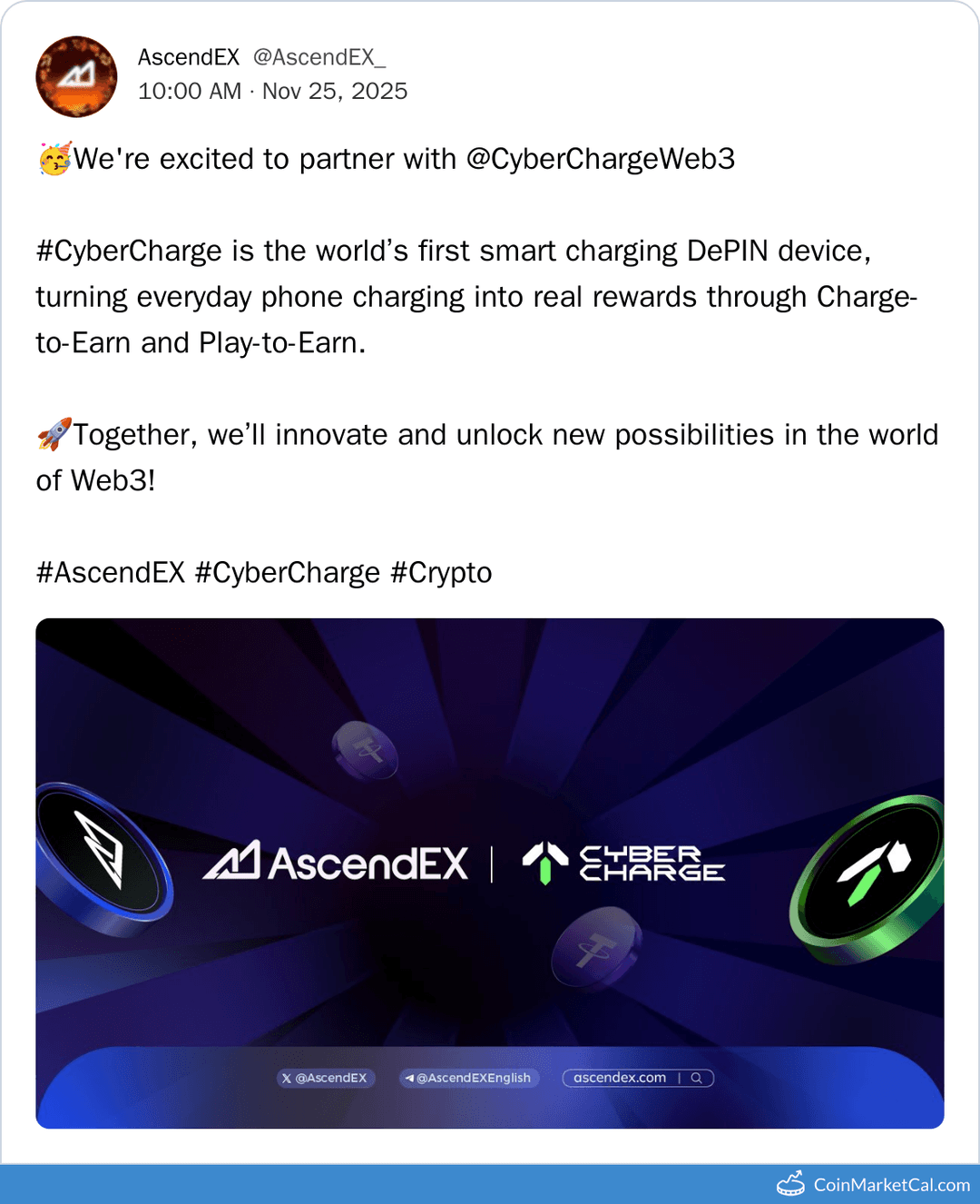 AscendEX & CyberCharge Partnership for Smart Charging and Web3 Rewards