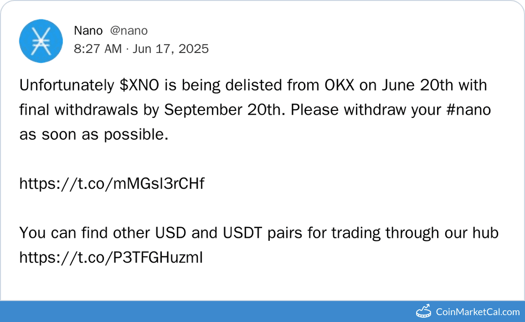 OKX Delisting of Nano ($XNO)
