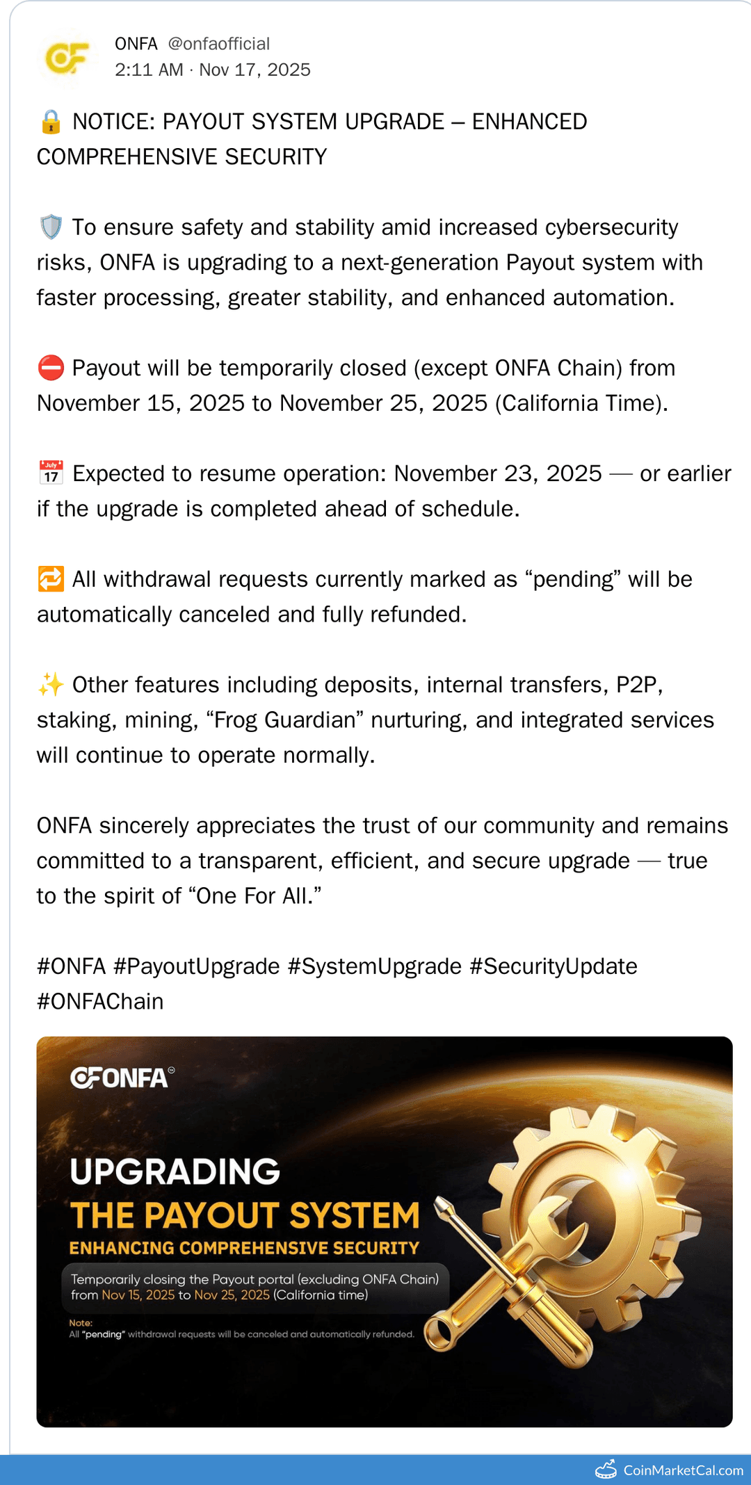 ONFA Payout System Upgrade