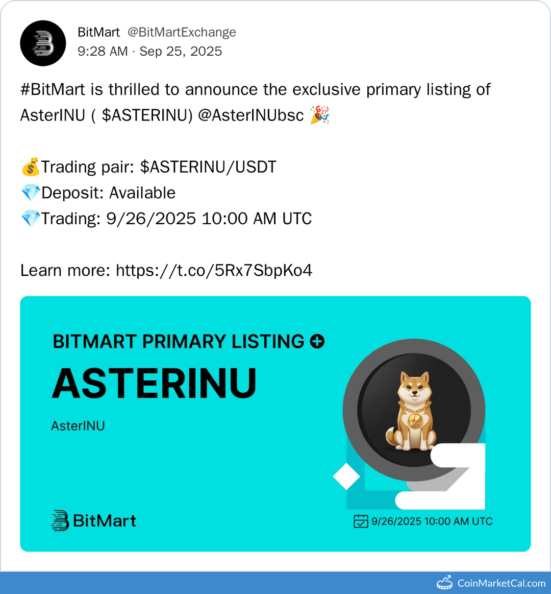 BitMart Listing: Aster INU on Sept 26, 2025