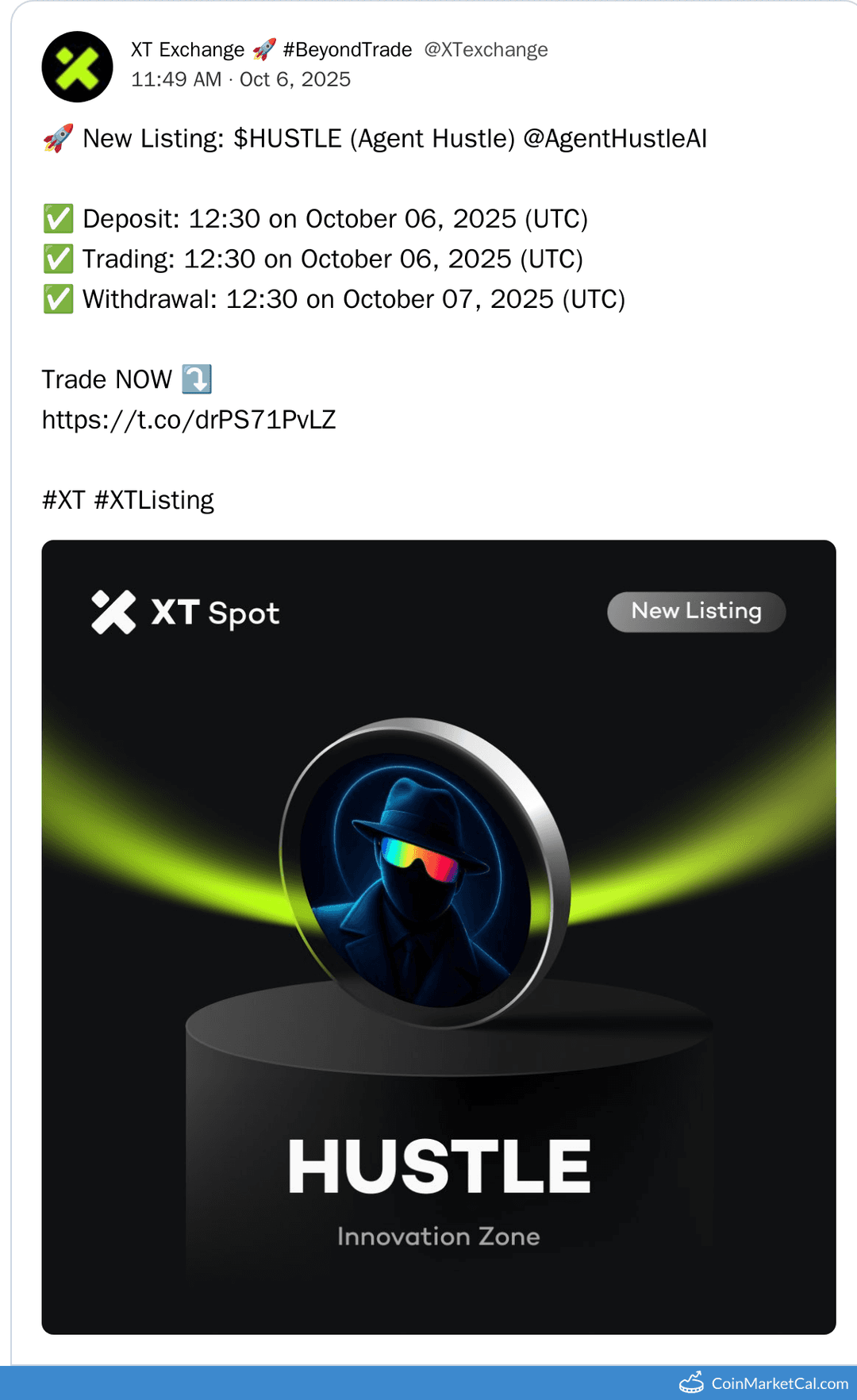 XT.COM Listing of Agent Hustle