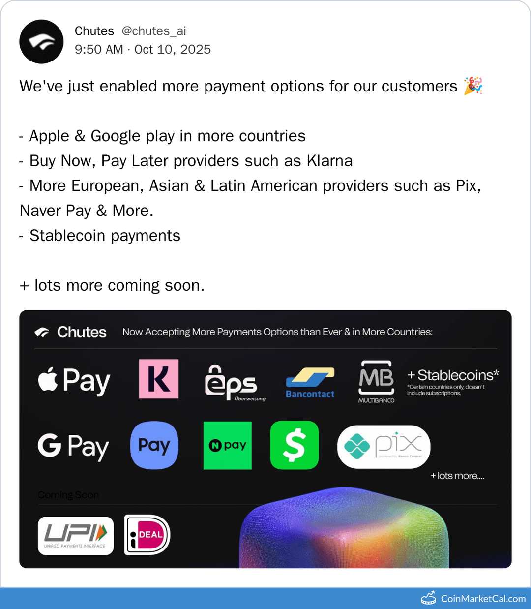Chutes New Payment Options Integration