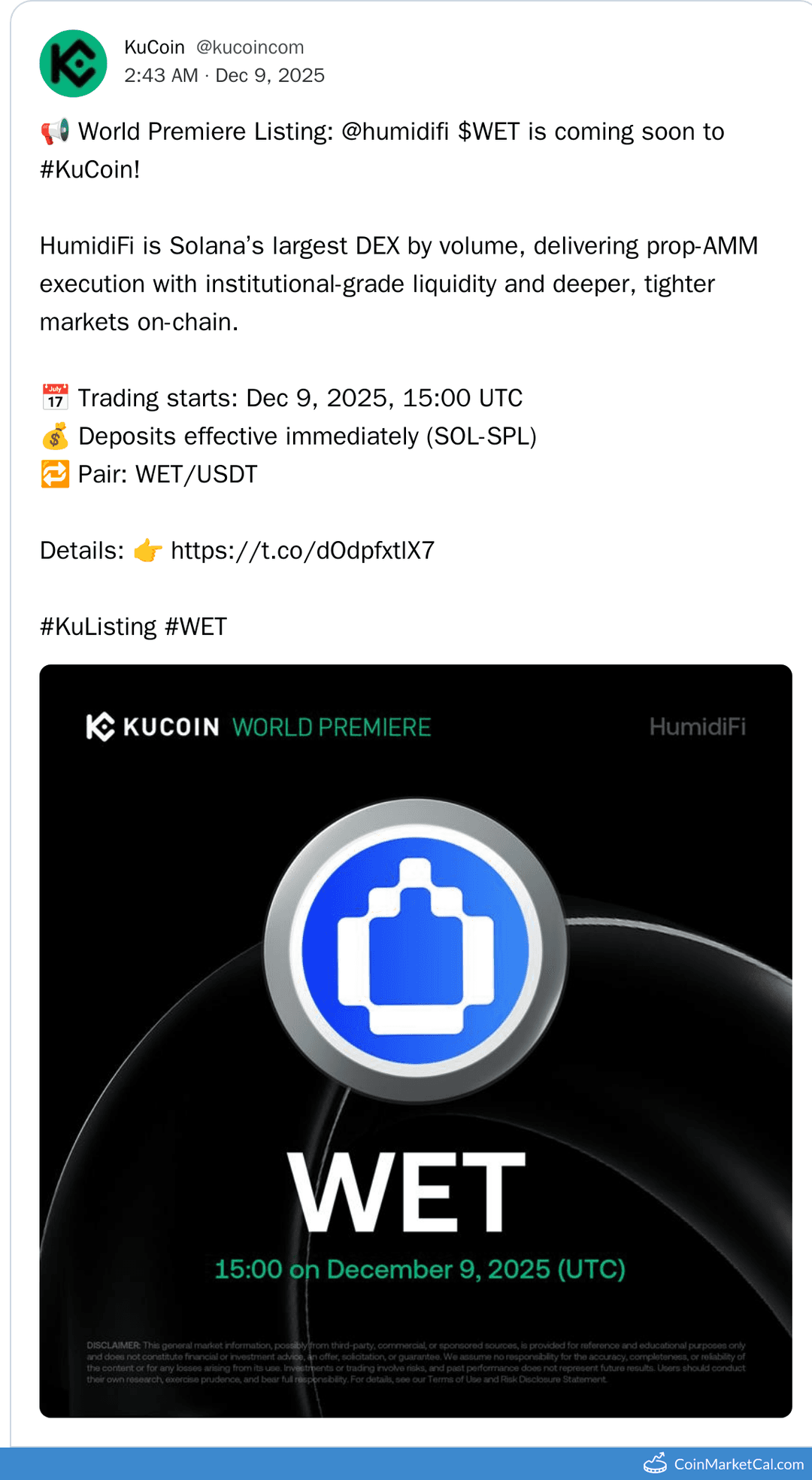 KuCoin Listing of HumidiFi with WET/USDT Pair